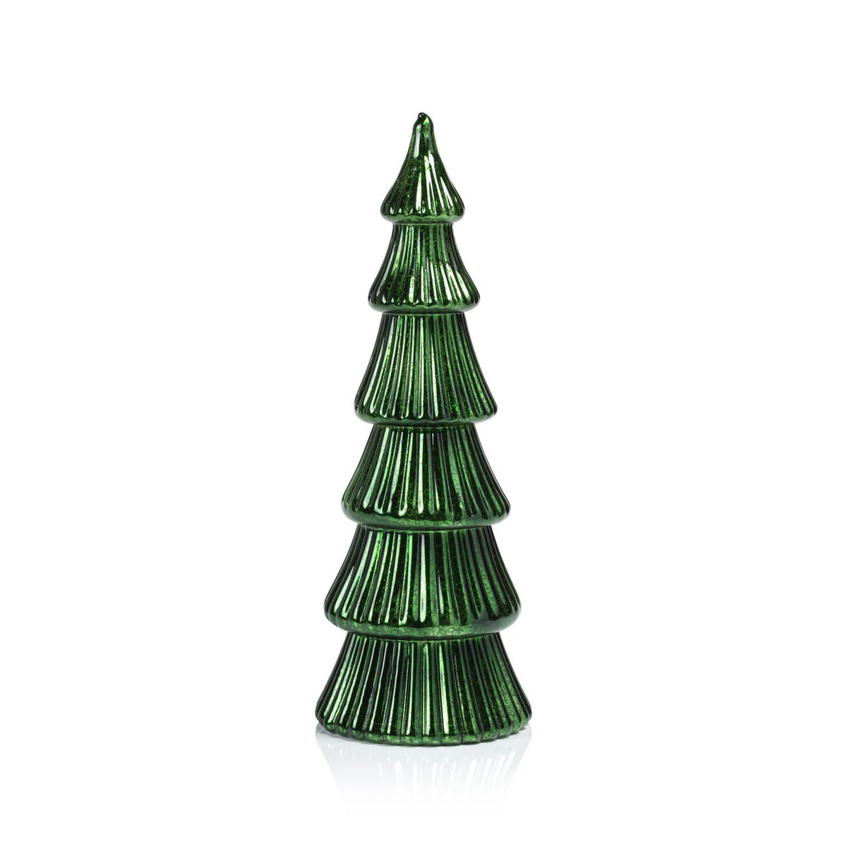 The ZODAX LED RIBBED ANTIQUE GLASS TREE - LARGE is a shiny green, stylized Christmas tree ornament with layered, ribbed glass sections and a hidden LED light, shown standing upright on a plain white background.