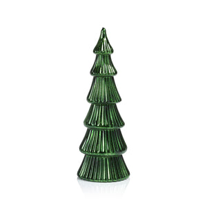 The ZODAX LED RIBBED ANTIQUE GLASS TREE - LARGE is a shiny green, stylized Christmas tree ornament with layered, ribbed glass sections and a hidden LED light, shown standing upright on a plain white background.