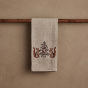 CHIPMUNKS WITH PINECONE LINEN TEA TOWEL by CORAL & TUSK featuring embroidered chipmunks holding a large, stitched pinecone.