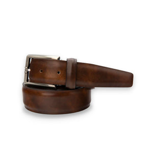 The LEN LIFESTYLE Italian Marbled Calf Belt in Pecan features genuine leather with a silver buckle, displayed in a circular shape on a white background for a classic vintage look.