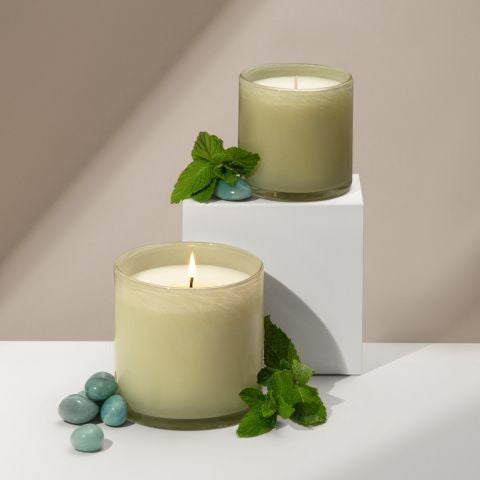 A LAFCO - Wild Honeysuckle Signature 6.5oz candle sits next to its matching box. The box, labeled &quot;Wild Honeysuckle,&quot; lists the scent notes as &quot;violet leaf, honeysuckle, white.&quot; This vegan candle is housed in a light green, hand-blown glass vessel. Both items are elegantly placed against a white background.