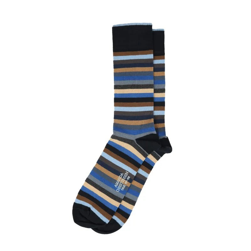 AMANDA CHRISTENSEN - TRUE BLOCK STRIPE MID-CALF SOCKS IN NAVY with horizontal navy, light blue, brown, and gray stripes, and a black cuff, heel, and toe.