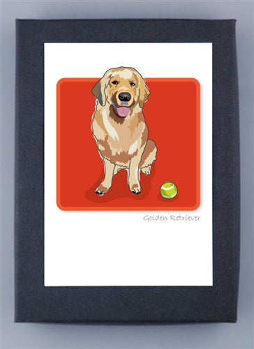 A happy Golden Retriever sits on a red background with a tennis ball nearby, with "Golden Retriever" in the corner. "PAPER RUSSELLS - GOLDEN RETRIEVER BOX NOTES" is printed on FSC certified recycled paper, framed in sleek black, and made proudly in the USA.