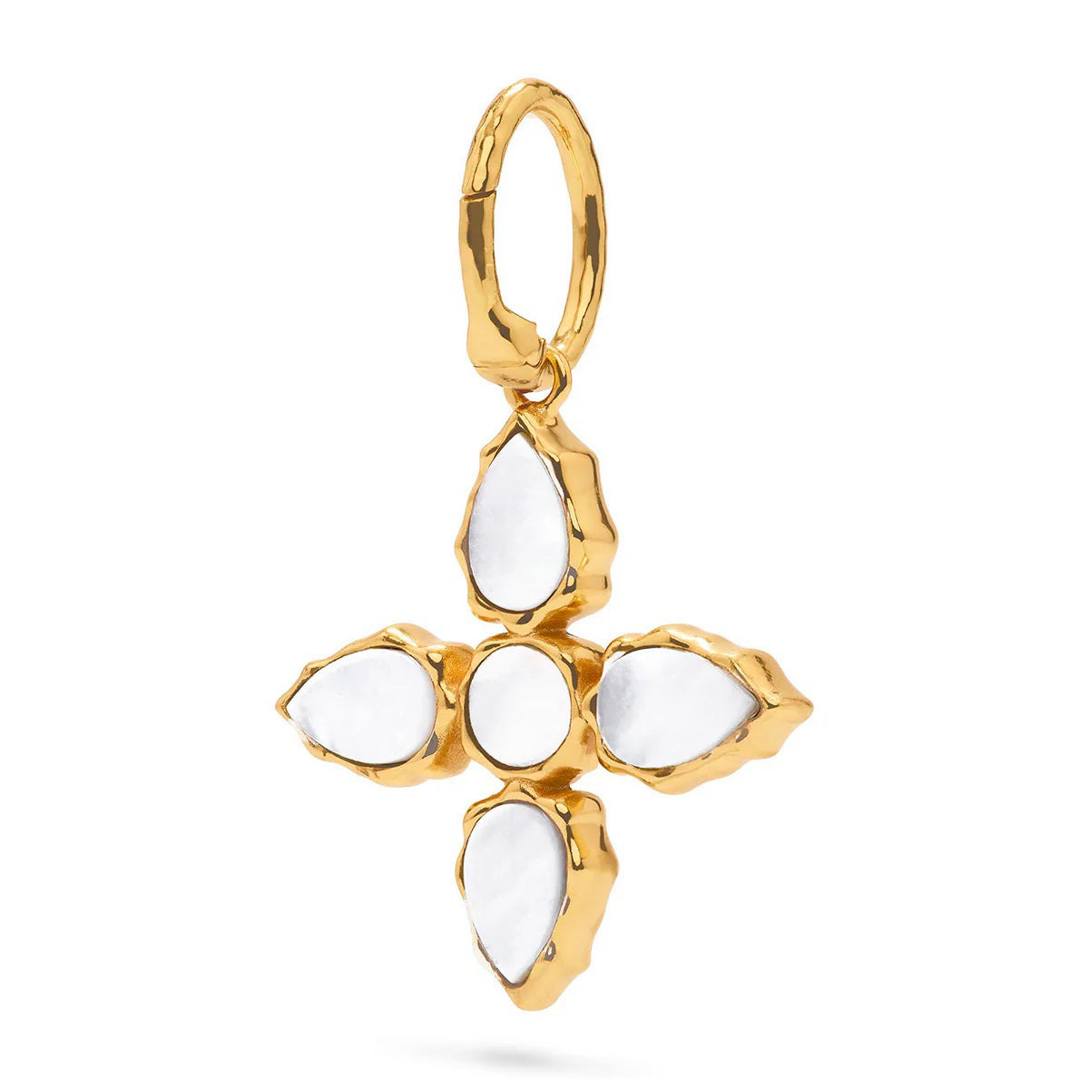 The CAPUCINE DE WULF AURORA pendant features a gold cross with four sustainably sourced blue-green abalone stones set in textured gold bezels. An elegant embellished loop enhances its wearability.