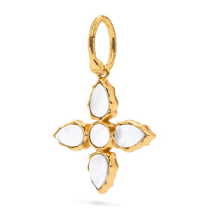 The CAPUCINE DE WULF AURORA pendant features a gold cross with four sustainably sourced blue-green abalone stones set in textured gold bezels. An elegant embellished loop enhances its wearability.