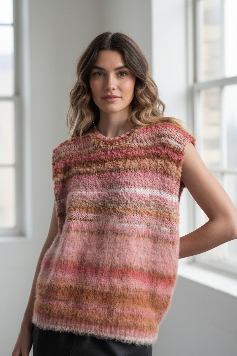 A woman stands indoors in front of large windows, illuminated by natural light, wearing the FLOOR - PAINTED YARN SLEEVELESS SWEATER by FLOOR—a beautifully made-in-Italy piece featuring a fuzzy knit texture and watercolor-inspired horizontal stripes in pink, brown, and red.