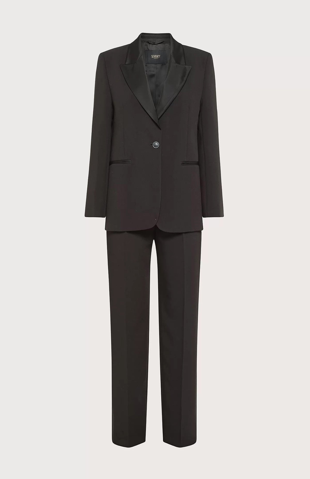The SEVENTY Elegant Pant Suit comprises a black bi-stretch double poly single-breasted jacket and matching slim pants. The blazer features a single button closure, notch lapel, and two front flap pockets, while the straight-legged trousers offer a clean, classic cut ideal for formal or professional settings.