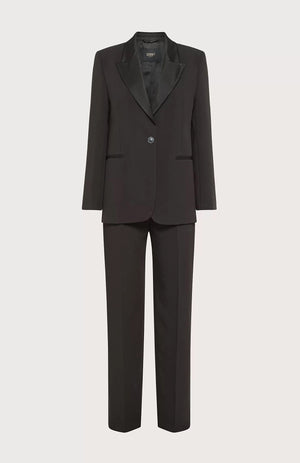 The SEVENTY Elegant Pant Suit comprises a black bi-stretch double poly single-breasted jacket and matching slim pants. The blazer features a single button closure, notch lapel, and two front flap pockets, while the straight-legged trousers offer a clean, classic cut ideal for formal or professional settings.