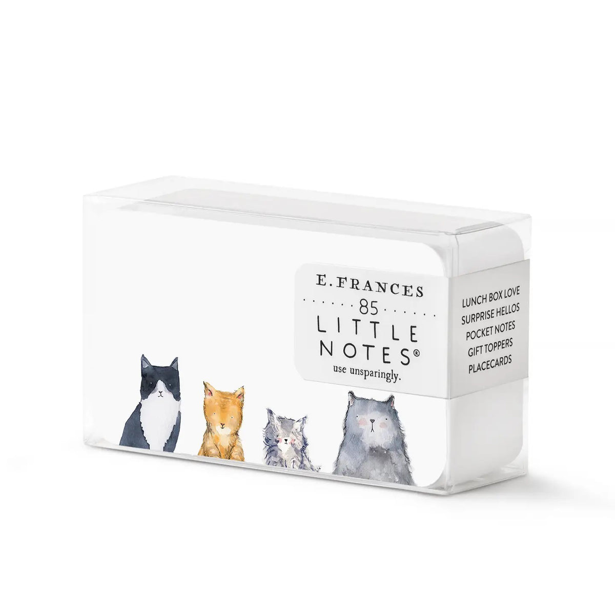 E. FRANCES PAPER's CAT'S MEOW LITTLE NOTES features a charming watercolor illustration of four cats in black and white, orange, gray and white, and dark gray on a white background, perfect for premium stationery or unique place cards.