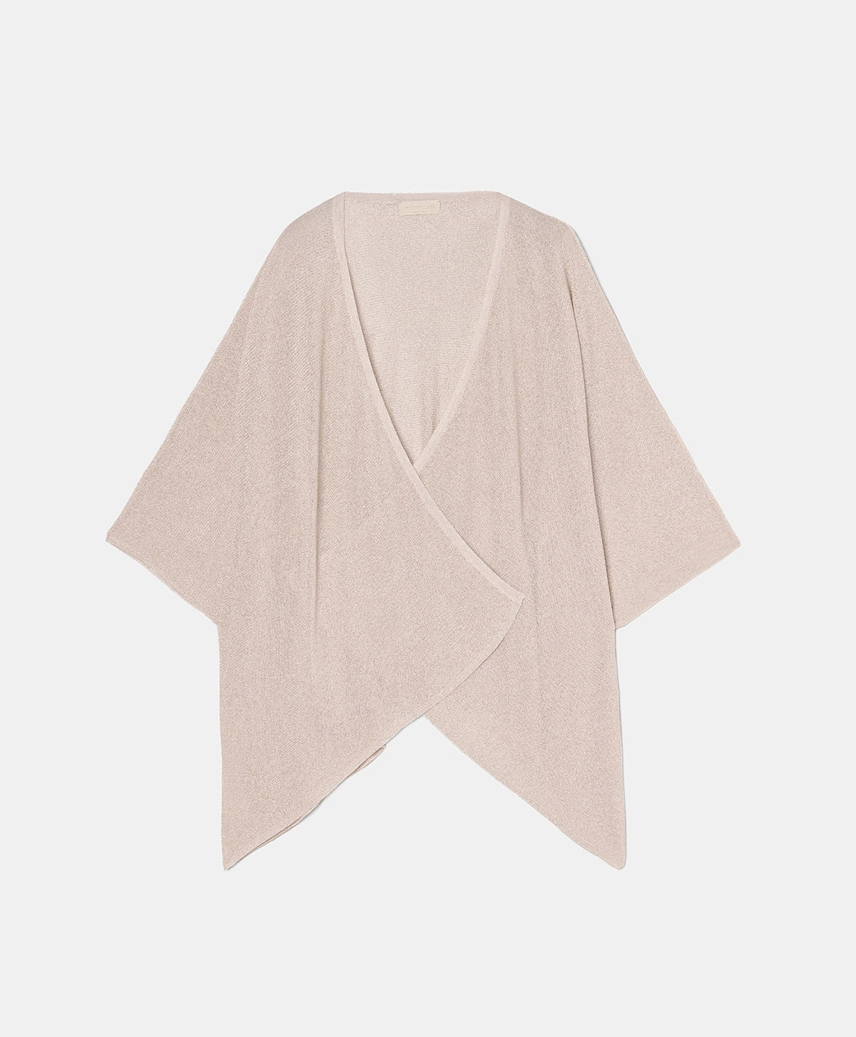 The MOMONI - DIVINA KNIT CARDIGAN is a chic brown, open-front piece with a draped, asymmetrical hemline. Crafted in Italy with wide sleeves, it's perfect as evening wear against a plain white backdrop.