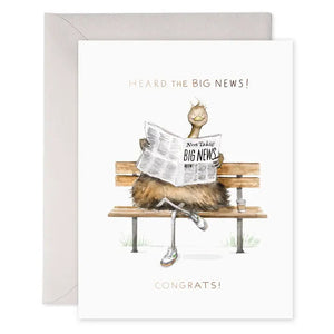 The E. FRANCES - BIG NEWS CARD by E. FRANCES PAPER features a watercolor ostrich reading a "BIG NEWS" newspaper, with "HEARD THE BIG NEWS!" above and "CONGRATS!" below, plus an envelope in the background.