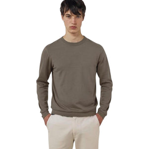 A young person with short dark hair is wearing the HARTFORD - EXTRA-FINE MERINO WOOL CREW PULLOVER IN MUSHROOM, standing against a light background and looking at the camera with a neutral expression, one arm crossed.