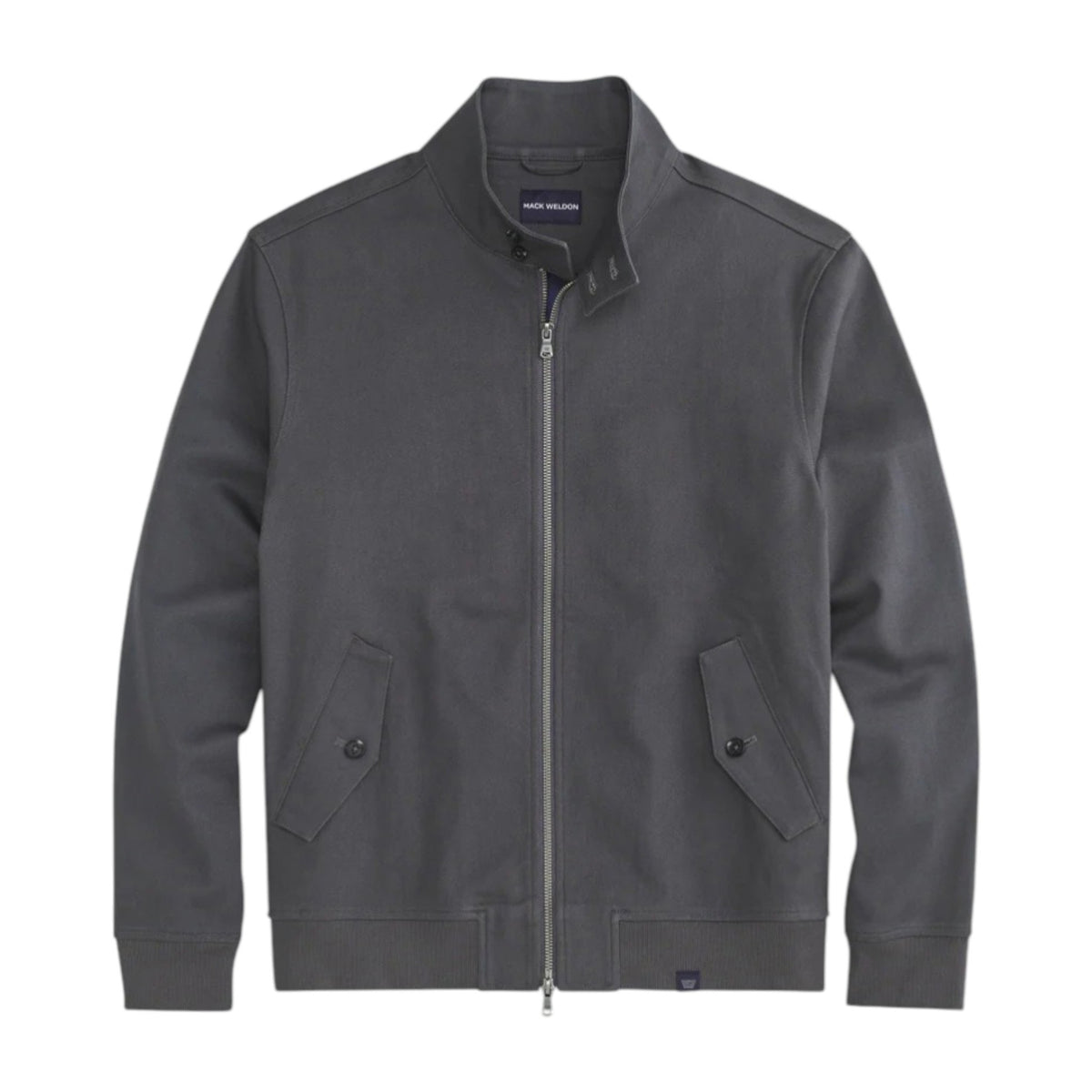 The MACK WELDON Twill Harrington Jacket in Asphalt is a dark gray cotton cavalry twill zip-up with a stand collar, two angled button-flap pockets, ribbed cuffs and hem, offering an English jacket style. Shown on a black background.