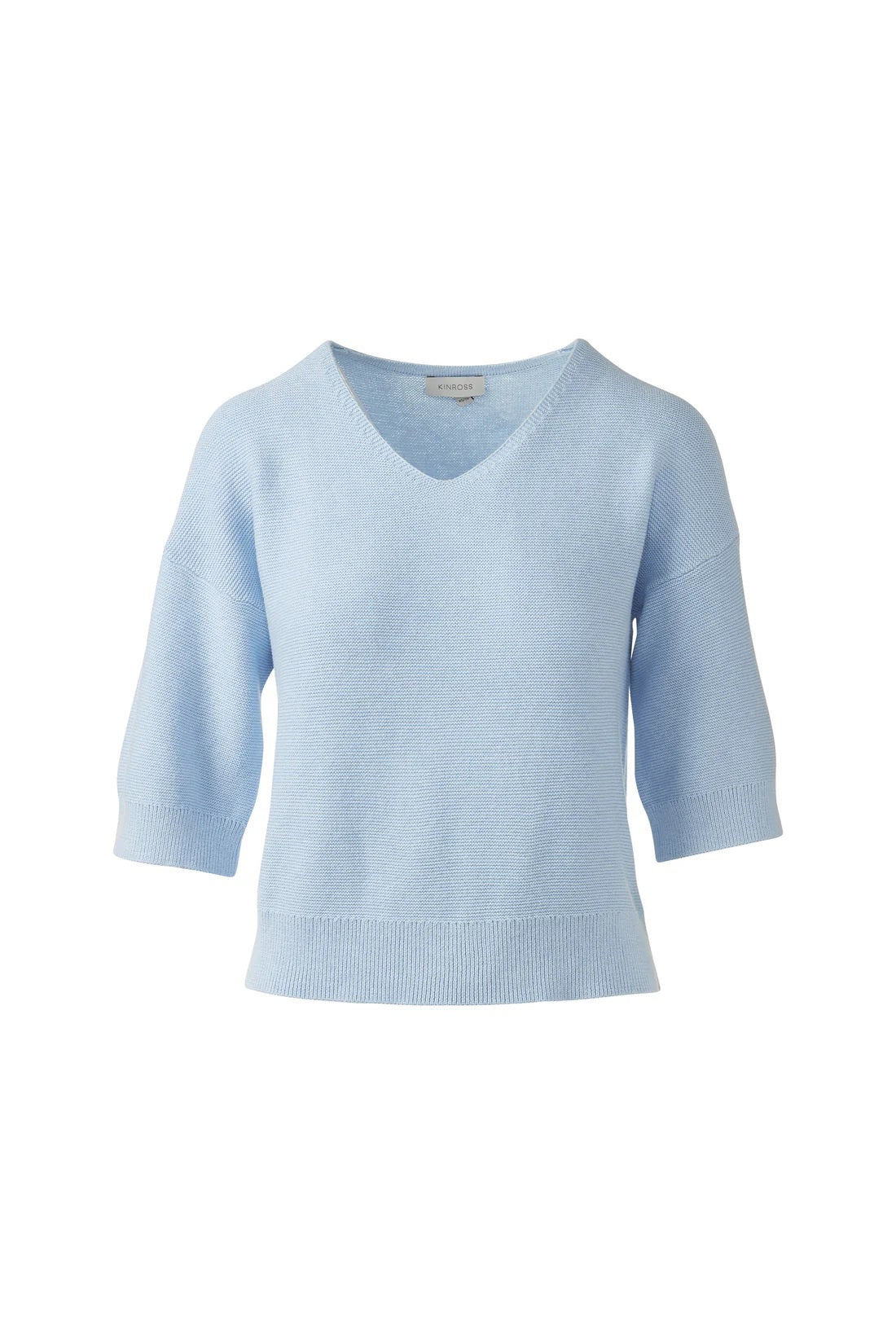 The KINROSS CASHMERE Garter Easy Vee Neck Cotton Sweater is a green, short-sleeved pullover with a ribbed hem and relaxed fit, crafted in soft knit and shown against a white background.