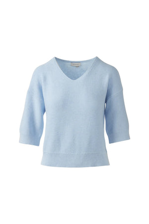 The KINROSS CASHMERE Garter Easy Vee Neck Cotton Sweater is a green, short-sleeved pullover with a ribbed hem and relaxed fit, crafted in soft knit and shown against a white background.