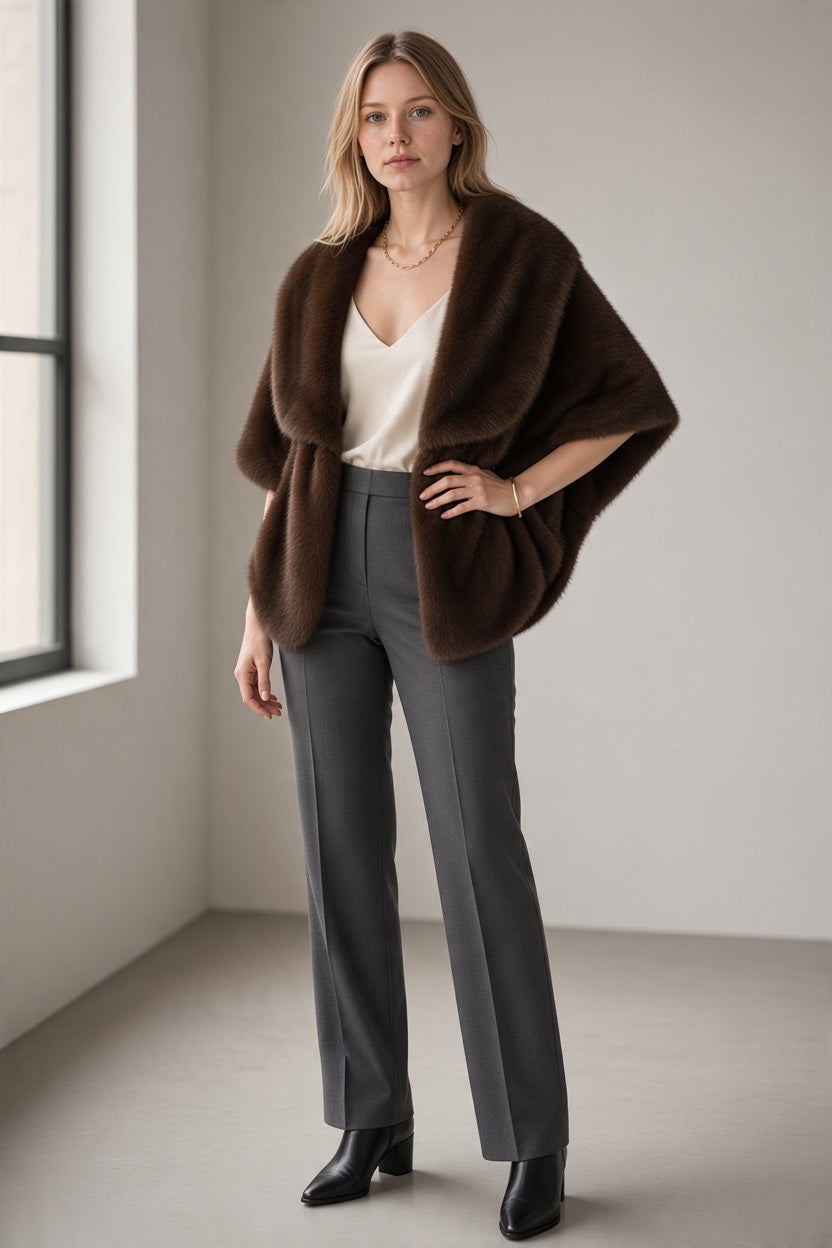 A woman wearing a dark brown GAYNOR BONGARD - PORTLAND FAUX FUR WRAP over a cream-colored top and gray dress trousers.