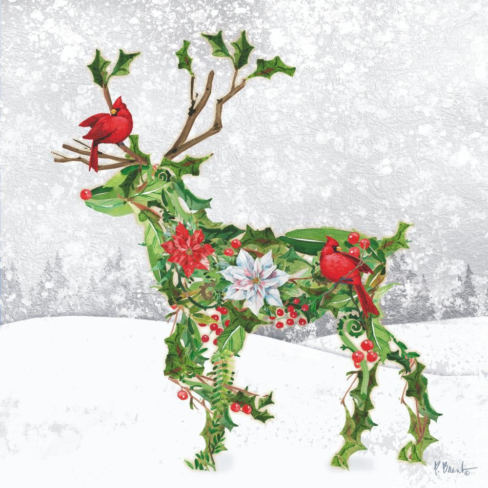 The REINDEER TOPIARY BEVERAGE NAPKINS by PAPER PRODUCTS DESIGN feature a stylized reindeer of holly, berries, and poinsettias in snow with cardinals, beautifully printed on chlorine-free 3-ply paper.