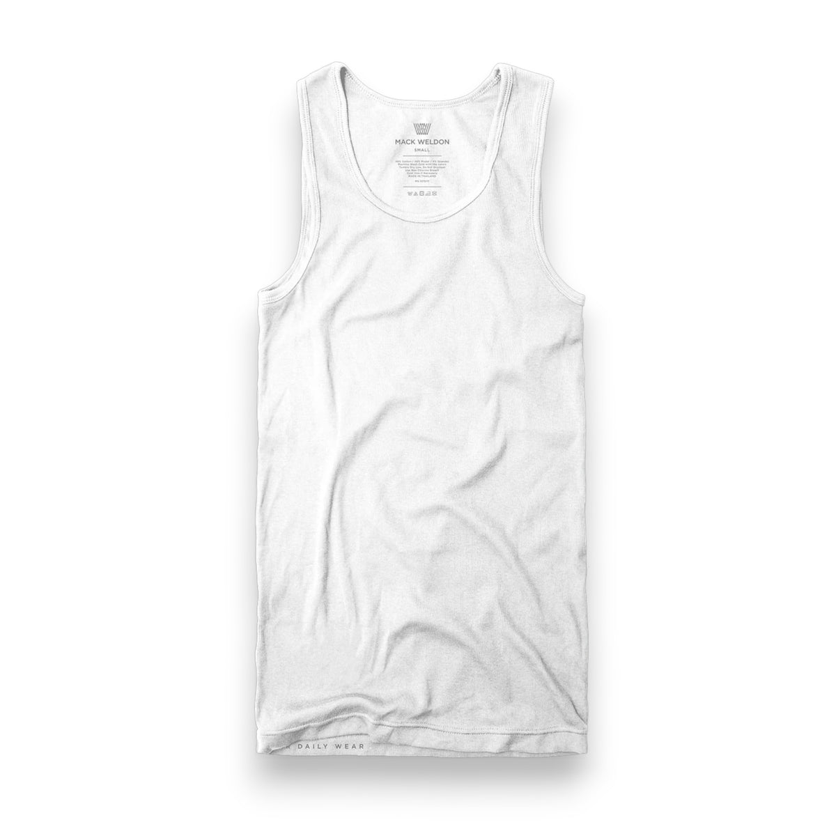 The MACK WELDON - 16 HOUR JERSEY RIB TANK UNDERSHIRT, a white slim fit sleeveless top, is displayed flat on a white background, front side up, highlighting light wrinkles in the stretch rib knit fabric.