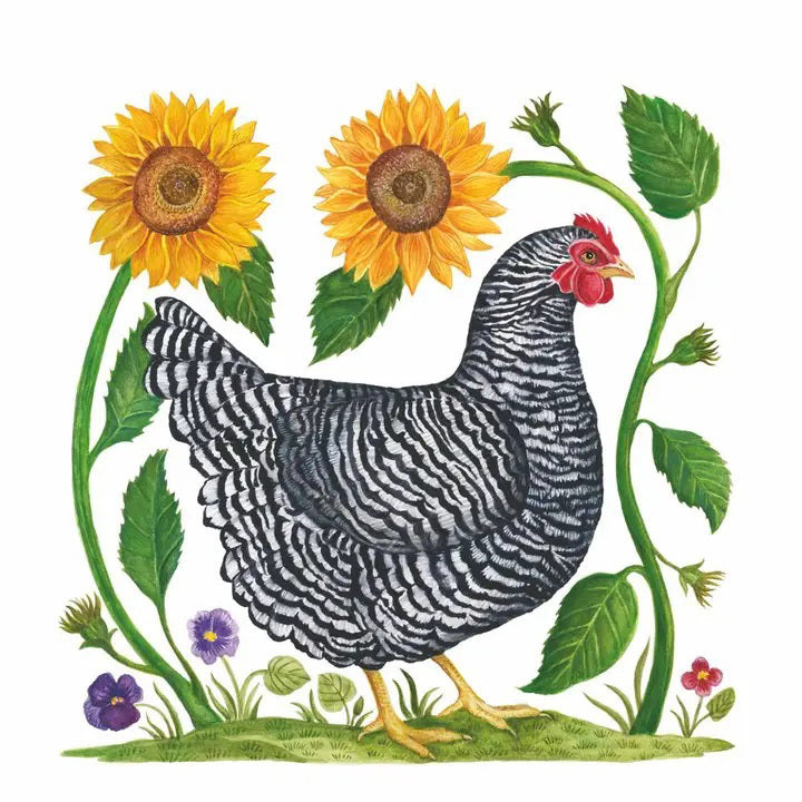 The HEAVENLY HEN BEVERAGE NAPKINS by PAPER PRODUCTS DESIGN feature a black and white speckled chicken amidst vibrant sunflowers, green leaves, and whimsical purple and red flowers on grass. This 3-ply paper napkin showcases a charming farm-like illustration. Made in Germany.