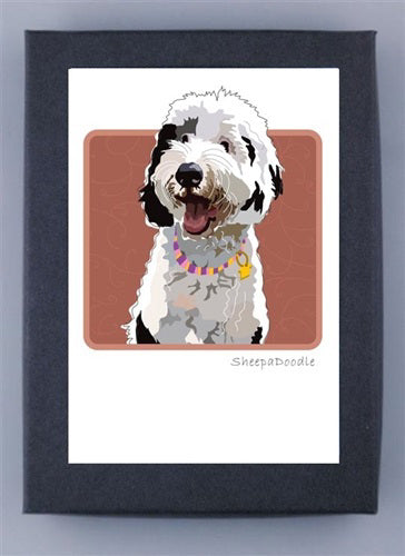 Cheerful Sheepadoodle with black and white fur and a colorful collar sits on a brown background. "Sheepadoodle" at bottom right. Perfect for eco-friendly FSC certified PAPER RUSSELLS - SHEEPADOODLE NOTECARDS by PAPER RUSSELLS.