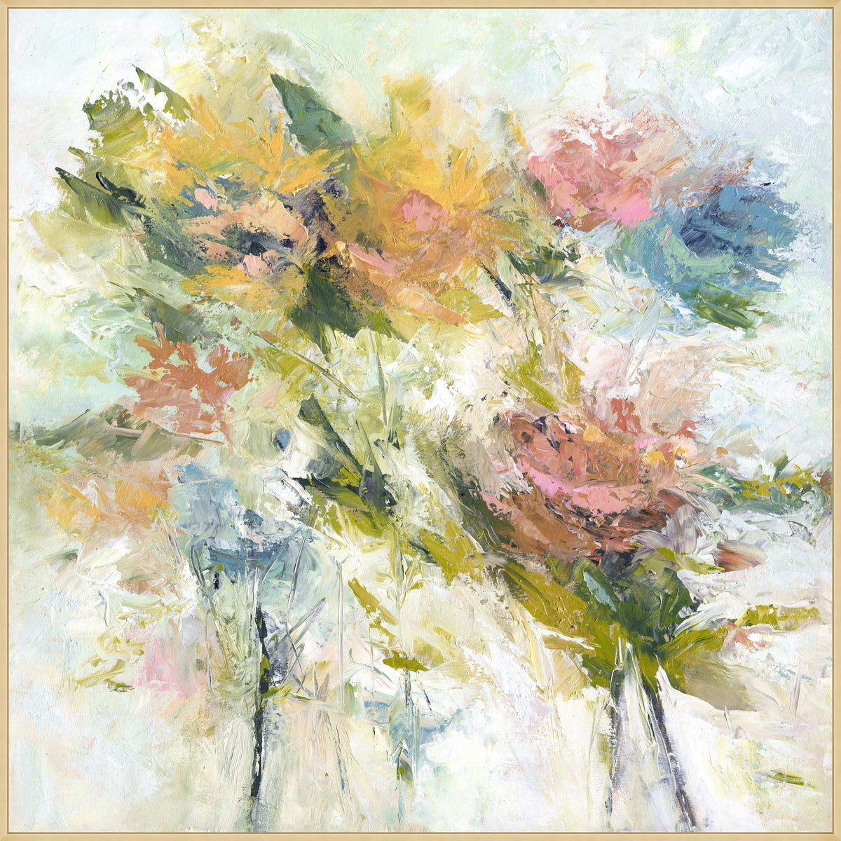 Introducing the GLORY OF SPRING ARTWORK by WENDOVER, an exquisite abstract painting of flowers on gallery-wrapped canvas. This piece features a soft, pastel color palette with shades of yellow, pink, blue, and green. Bold, textured brushstrokes create a dynamic and ethereal composition against a subtle blend of white and light colors in the background.