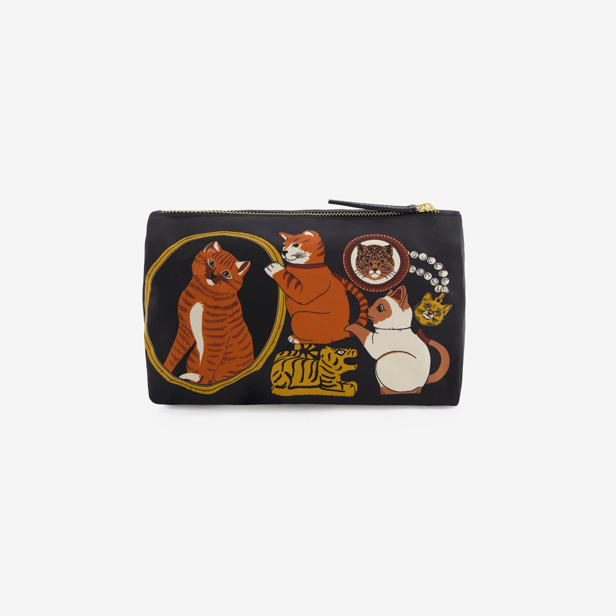 The INOUI EDITIONS - COLLECTIONNEUR CAT COSMETIC BAG by INOUI is a black clutch adorned with illustrations of a maneki-neko cat, a jaguar mask, a small gold animal, and an ancient vase featuring two animal figures. Crafted from stylish polyester with bovin leather accents, this bag features a top zipper closure and a sleek decorative design.