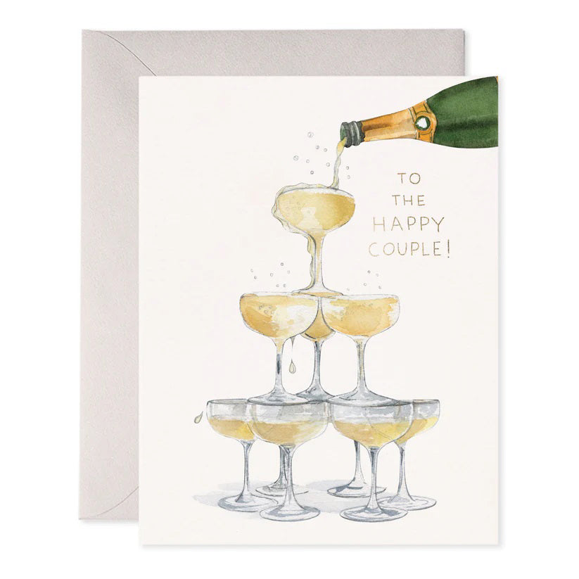E. FRANCES PAPER - CHAMPAGNE TOWER CARD features a card with a champagne tower illustration and the message "To the happy couple!" on luxurious paper, including an envelope.