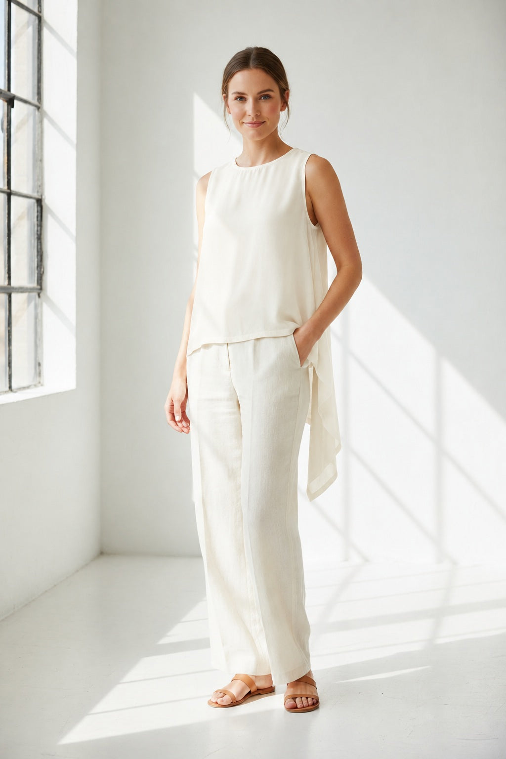 The SEVENTY VENEZIA sleeveless asymmetrical crew-neck top features lightweight silk-blend fabric and a jersey back, shown in dark blue with a long draped side detail against a plain white background.