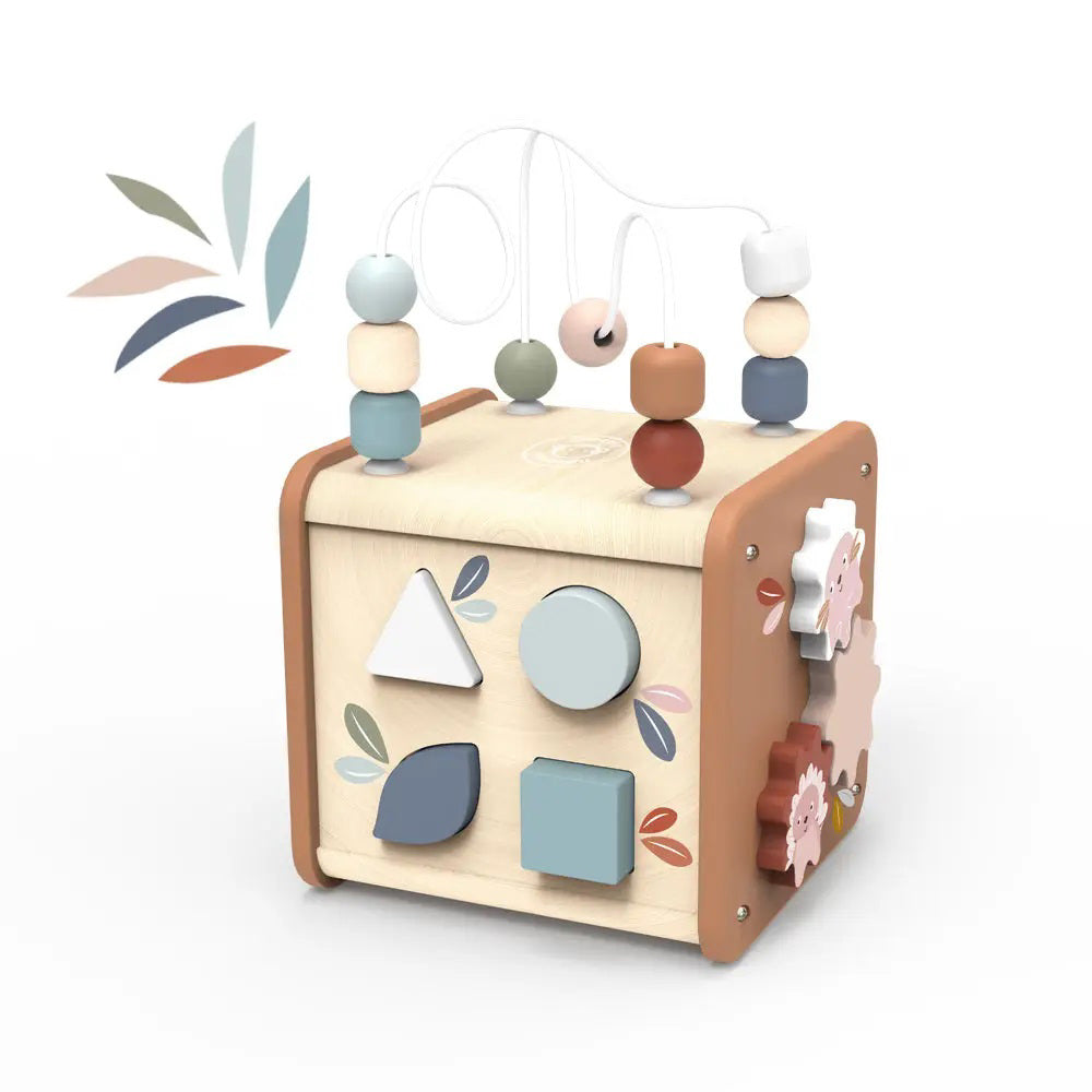 The SPEEDY MONKEY - 5 IN ONE ACTIVITY CUBE by SPEEDY MONKEY is perfect for educational play, featuring a bead maze on top and geometric shape cutouts on its sides. Its pastel color scheme and abstract leaf patterns make it an ideal choice for children's developmental exploration.