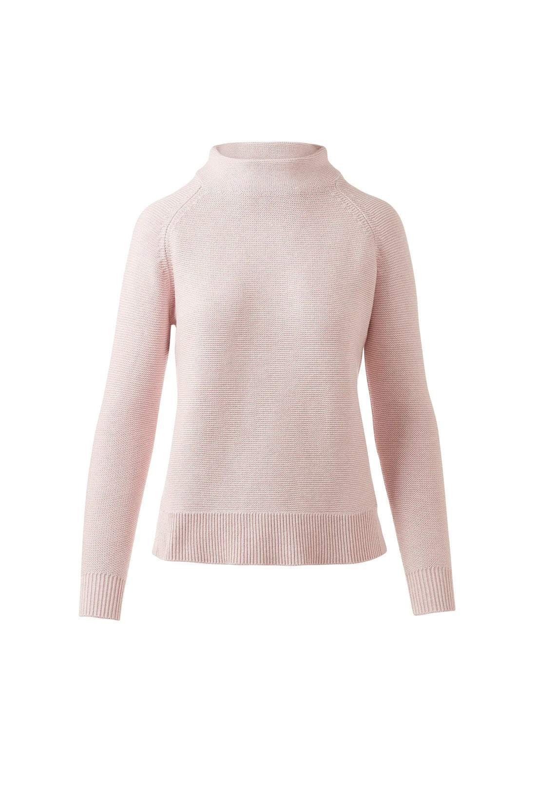 The KINROSS CASHMERE Garter Funnel Sweater in Cotton is a light pink, long-sleeve knit with a mock neck and ribbed cuffs and hem, crafted from 100% cotton. Displayed on a plain white background. Brand: KINROSS.