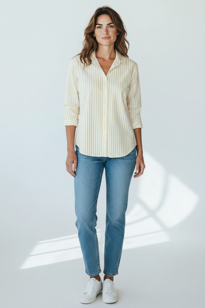 A woman with wavy brown hair smiles slightly, wearing the FRANK &amp; EILEEN EILEEN Relaxed Button Up Shirt in Italian Cotton Thin Yellow Stripe, paired with blue jeans and white sneakers. She stands in a plain, well-lit background.