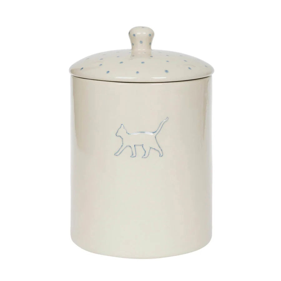The SOPHIE ALLPORT - PURRFECT PET JAR by SOPHIE ALLPORT is a beige ceramic cat stoneware jar with a lid, featuring blue dots on top and a simple cat outline on the front—perfect as a charming pet treat jar or stylish cat storage container.