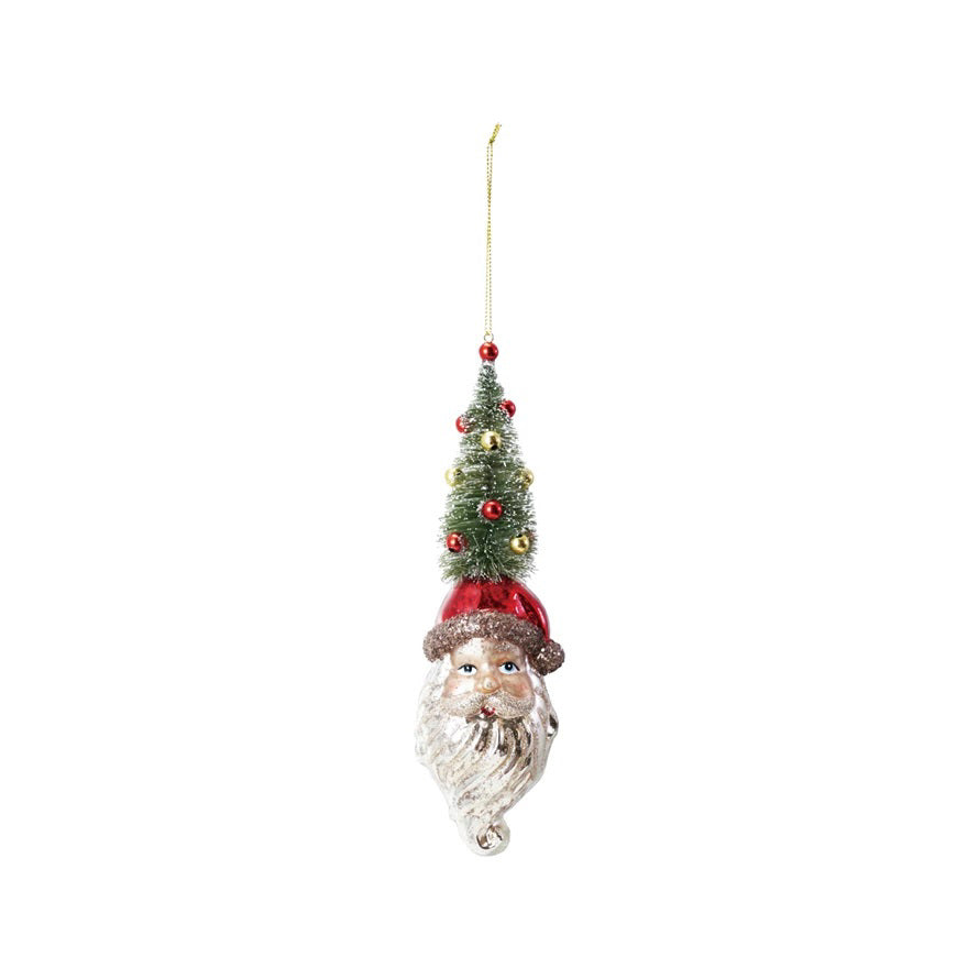 The CREATIVE COOP MERCURY GLASS SANTA HEAD WITH BOTTLE BRUSH TREE features a Santa face with a tall green bottle brush tree hat and gold hanging string—a charming holiday ornament for your Christmas display.