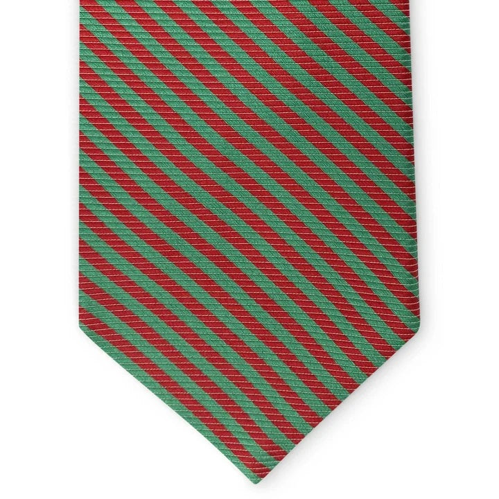 Here’s a revised version using your product data: A close-up of the PETER-BLAIR Thin Stripes Silk Tie in Dark Green and Red by BIRD DOG BAY, featuring evenly alternating diagonal stripes in deep green and red. Crafted from luxurious silk and finishing in a pointed tip, this handmade necktie boasts a festive, bold pattern.