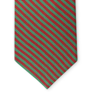 Here’s a revised version using your product data: A close-up of the PETER-BLAIR Thin Stripes Silk Tie in Dark Green and Red by BIRD DOG BAY, featuring evenly alternating diagonal stripes in deep green and red. Crafted from luxurious silk and finishing in a pointed tip, this handmade necktie boasts a festive, bold pattern.