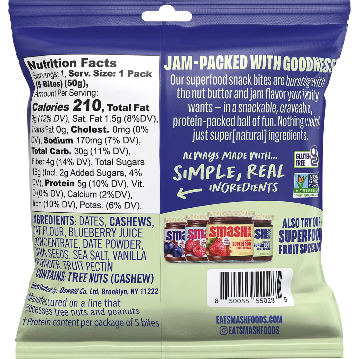 A bag of CHIA SMASH - CASHEW BUTTER AND BLUEBERRY SNACK BITES displays a blueberry filling, fresh blueberries, and emphasizes that it is gluten-free, vegan, with 5g of protein.