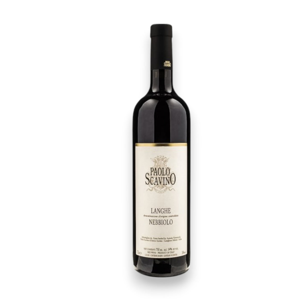 A 375ml bottle of PAOLO SCAVINO LANGHE NEBBIOLO 2022 red wine from Piedmont, Italy, by WINE: KELLOGG SELECTIONS, with a black capsule and white label showing the brand and wine type, set against a plain white background.