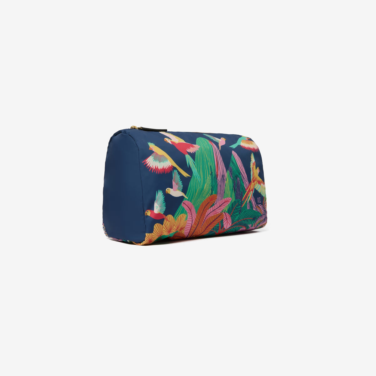 The INOUI EDITIONS - RIO NYLON CASE, MEDIUM by INOUI is a zippered pouch featuring a vibrant Rio illustration with colorful birds and lush greenery on a dark blue background. Birds in various flying poses bring dynamic movement to this chic travel accessory.