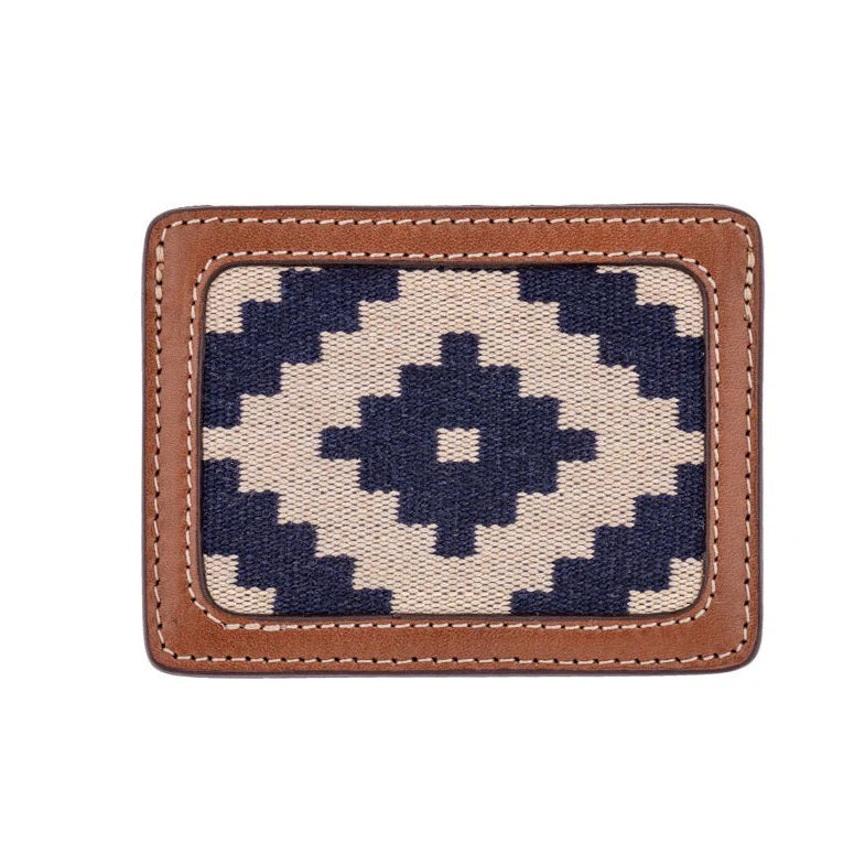 The LA MATERA - CORBINA CARD WALLET features a square vegetable-tanned leather patch with white Argentine woven fabric, a navy blue geometric diamond pattern at the center, and tan stitching around the edges.