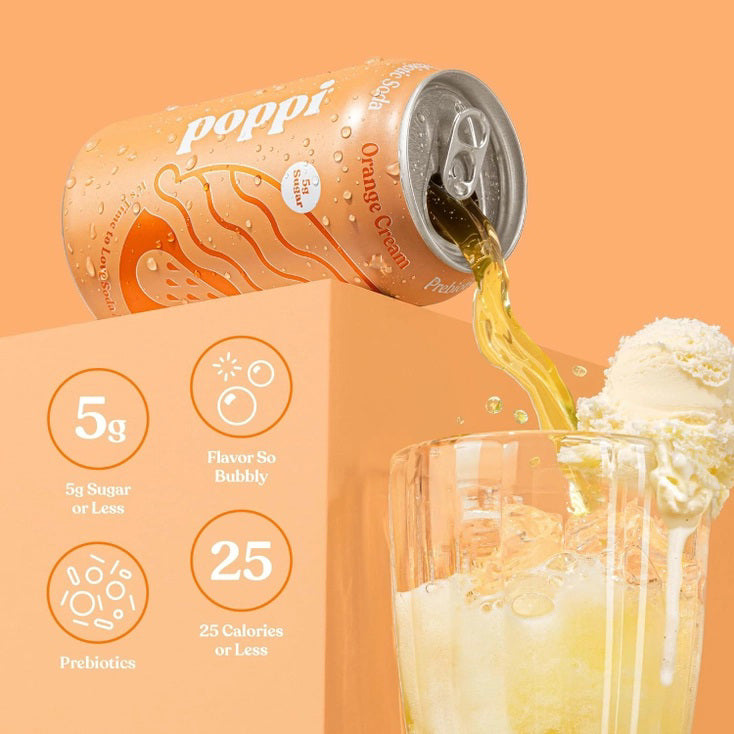 A can of POPPI - ORANGE CREAM by POPPI features abstract orange slices, the flavor name, "5g Sugar," and "It's Time to Love Soda Again" on the label—now with prebiotics for digestive health.