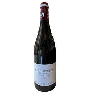 A bottle of ALAIN BURGUET ‘MES FAVORITES’ GEVREY CHAMBERTIN 2021 red wine with a white label featuring the text “Mes Favorites,” “Vieilles Vignes,” “2021,” and the names “Jean-Luc & Eric Burguet.”