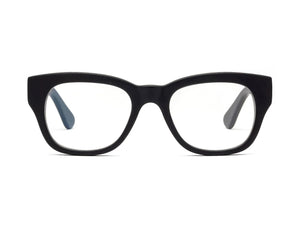 CADDIS - MIKLOS READERS by CADDIS, featuring black rectangular bio-based acetate frames with a thick design, displayed at an angle on a white background.