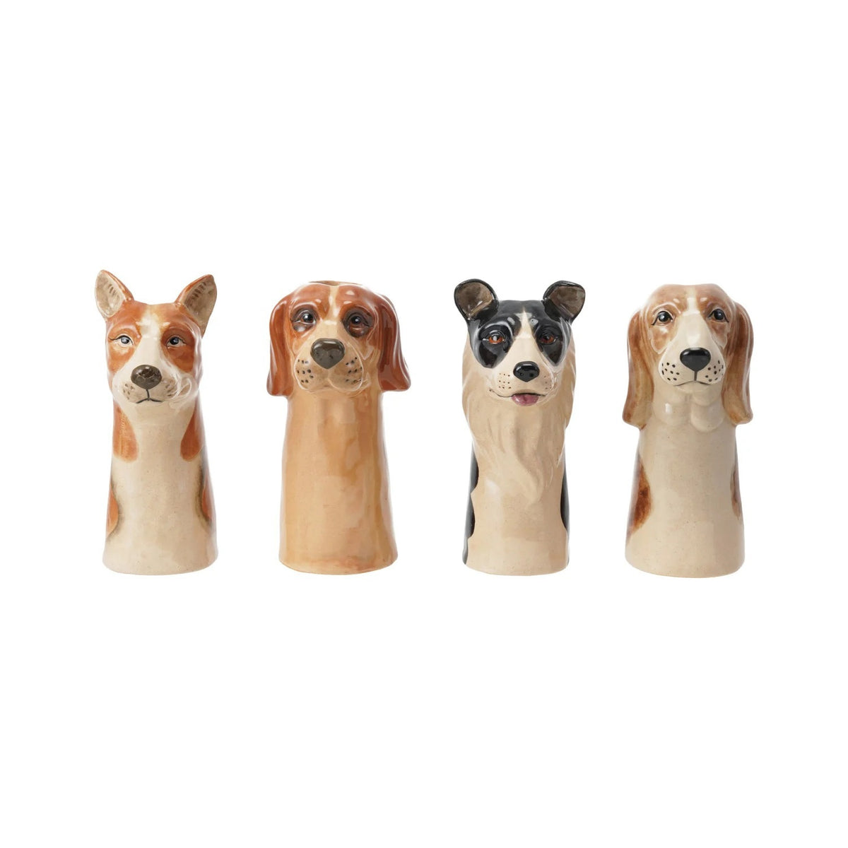 Four small, glossy CERAMIC animal vases, including the hand-painted STONEWARE DOG VASE by CREATIVE COOP in brown and a black pet-themed décor piece with round ears, all shown from the back.
