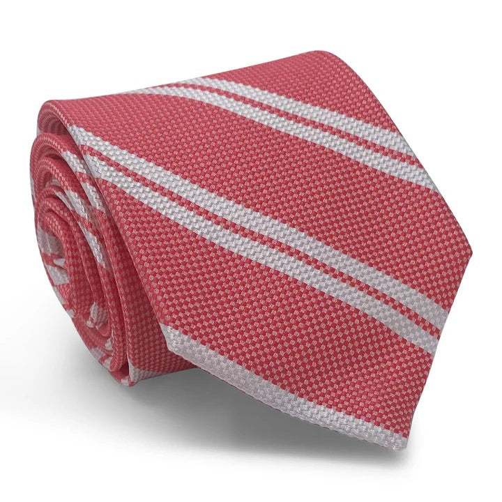 The BIRD DOG BAY PETER-BLAIR Shinnecock Hills Woven Silk Tie in Red features a textured pattern with diagonal white stripes and is handmade in New York.