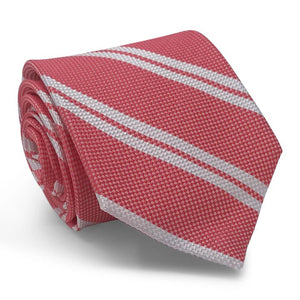 The BIRD DOG BAY PETER-BLAIR Shinnecock Hills Woven Silk Tie in Red features a textured pattern with diagonal white stripes and is handmade in New York.