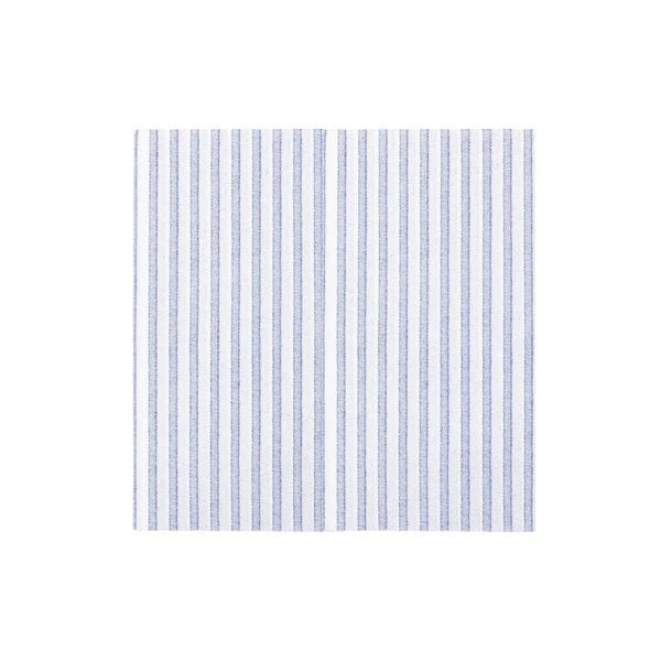 The VIETRI - CAPRI DINNER NAPKIN, made with Spunlace for a soft feel, showcases thin vertical blue stripes on white. This Papersoft napkin exudes Lombardy&#39;s timeless style against a plain white backdrop.