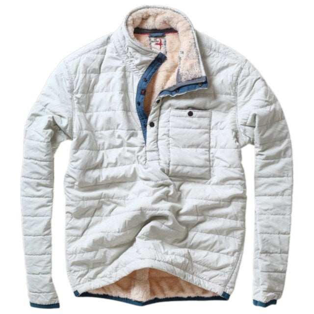 The RELWEN Quilted Superfleece Popover in Chalk is a beige fleece jacket with quilted green sleeves and white stripes, shown laid flat on a white background. This semi-water resistant fall-winter coat features a high collar and stylish navy blue trim along the zipper and collar for added protection and flair.