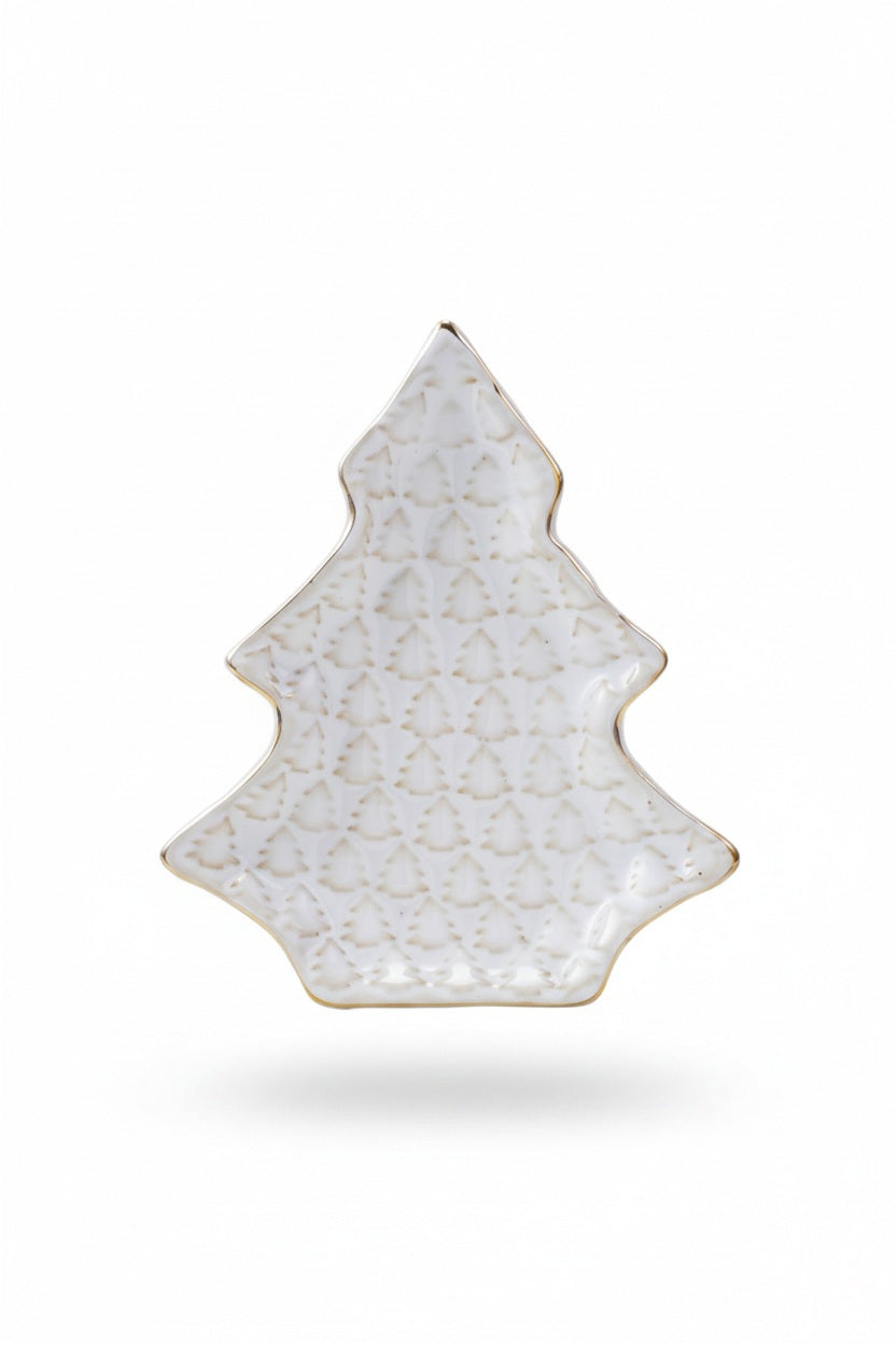 CREATIVE COOP STONEWARE TREE PLATE shaped like a Christmas tree, featuring a repeating pattern of small embossed trees and a gold electroplated rim.