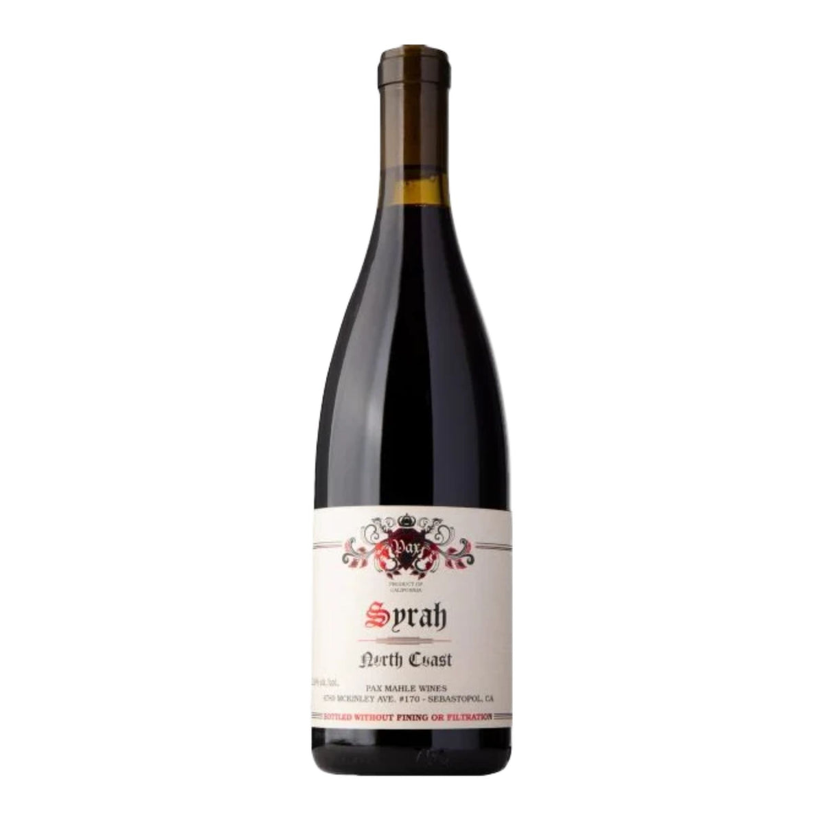 A bottle of PAX ‘NORTH COAST’ SYRAH 2023 from WINE: KELLOGG SELECTIONS, featuring a cream label with red and black text and a decorative crest, stands against a plain white background—an elegant tribute to cool-climate Syrah crafted in the spirit of esteemed winemakers such as Pax Mahle.