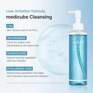 A clear bottle of MEDICUBE - ZERO PORE BLACKHEAD DEEP CLEANSING OIL, 205ML from KOSMIC KBEAUTY SKINCARE with a white pump, filled with blue liquid, is displayed against a circular, blue, bubbly backdrop. This deep cleansing oil effectively melts away makeup and deeply cleanses pores to leave your complexion feeling refreshed.